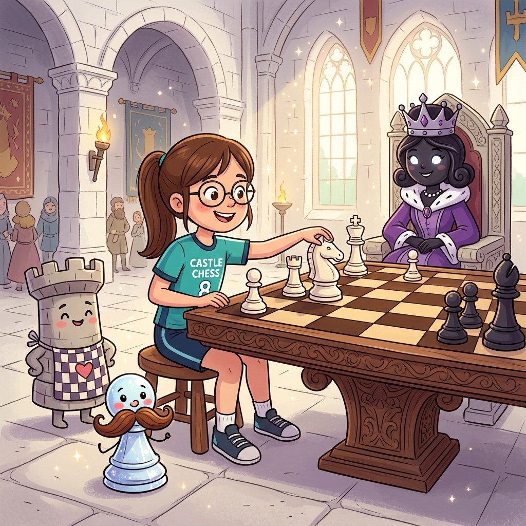 Martina jugando contra la Reina en el castillo blanco rodeada de amigos