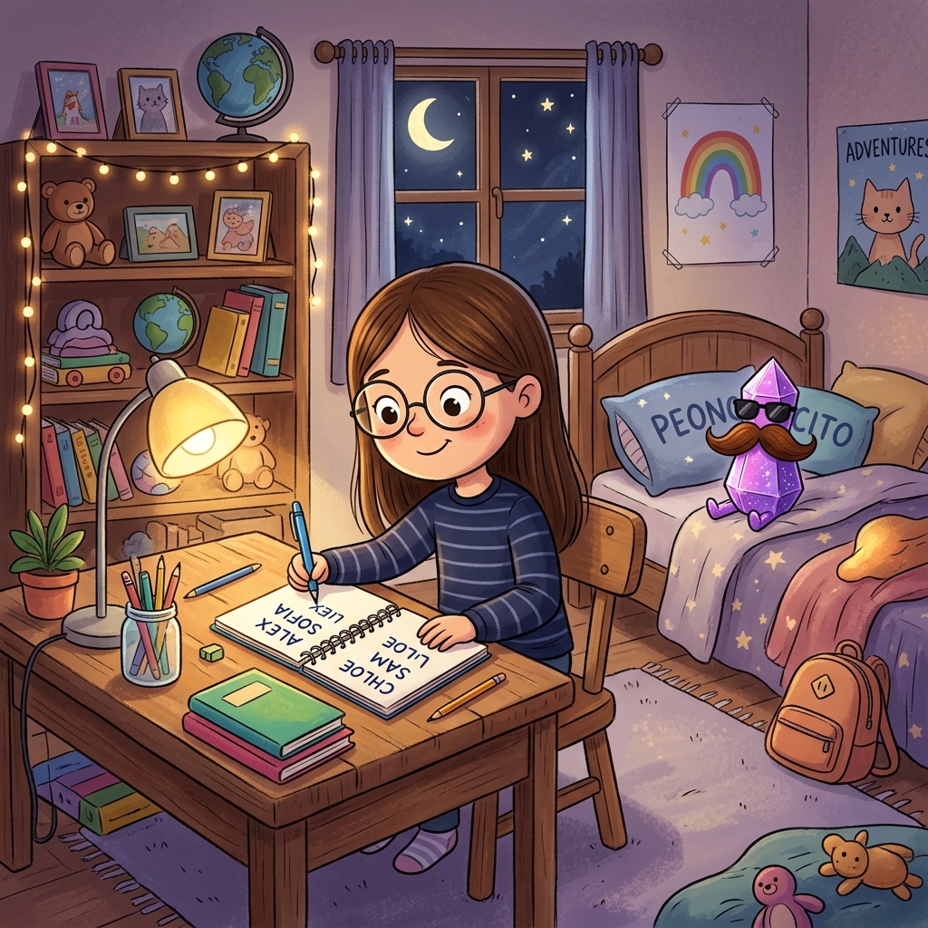 Martina haciendo la lista de rivales en su escritorio por la noche con Peoncito en su almohada