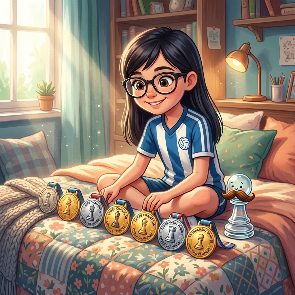 Martina organiza sus medallas sobre la cama