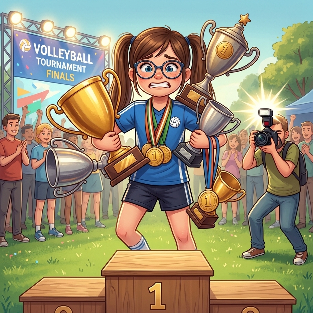 Martina haciendo malabares en el podio con todos sus trofeos
