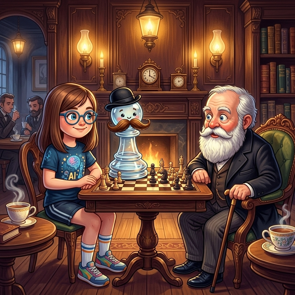 Martina y Peoncito se presentan ante el primer monarca oficial del ajedrez mundial, Wilhelm Steinitz