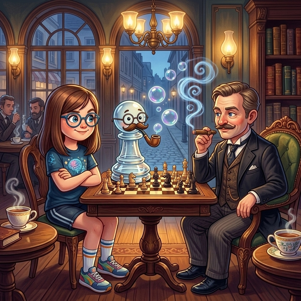 Martina y Peoncito frente a Emanuel Lasker en un café europeo clásico