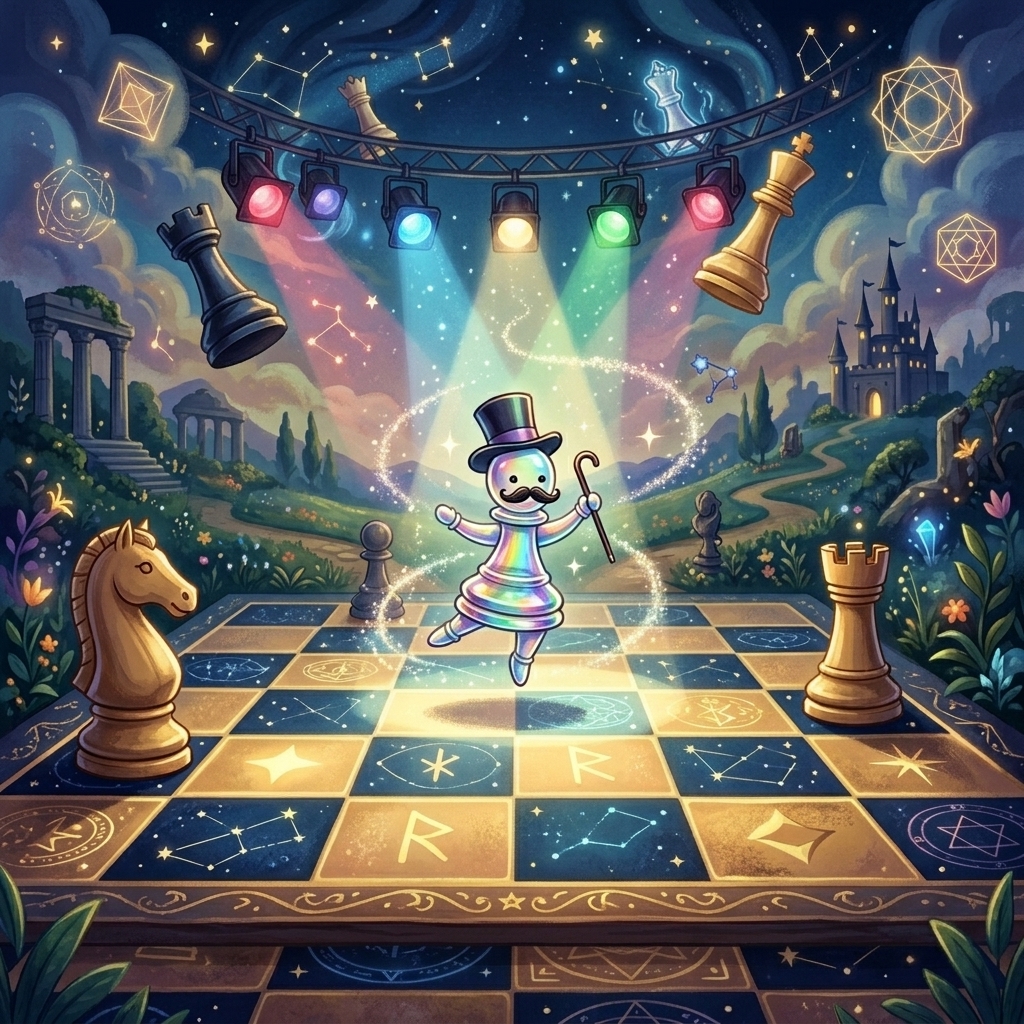 Peoncito mágico vestido con sombrero de copa y bastón, bailando iluminado como estrella bajo las luces de un escenario